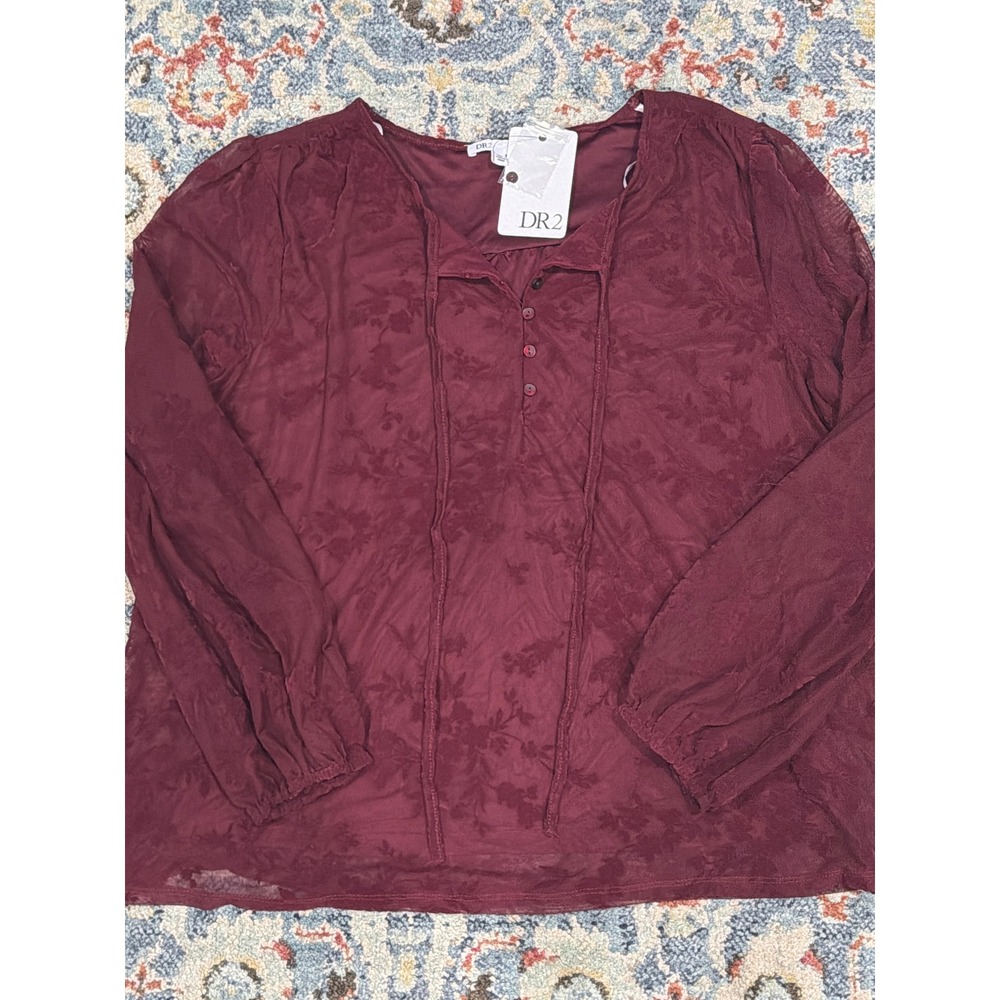 DR2 Blouse Women XXL Burgundy Floral Jacquard Sheer Sleeve Boho NWT